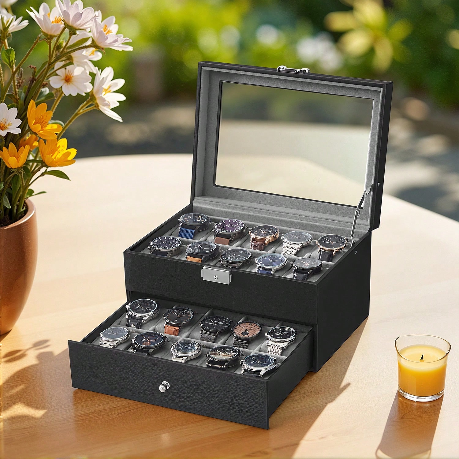 Jewelry Watches For Women - 20-Fächer Uhrenbox mit Glasdeckel & Schloss,