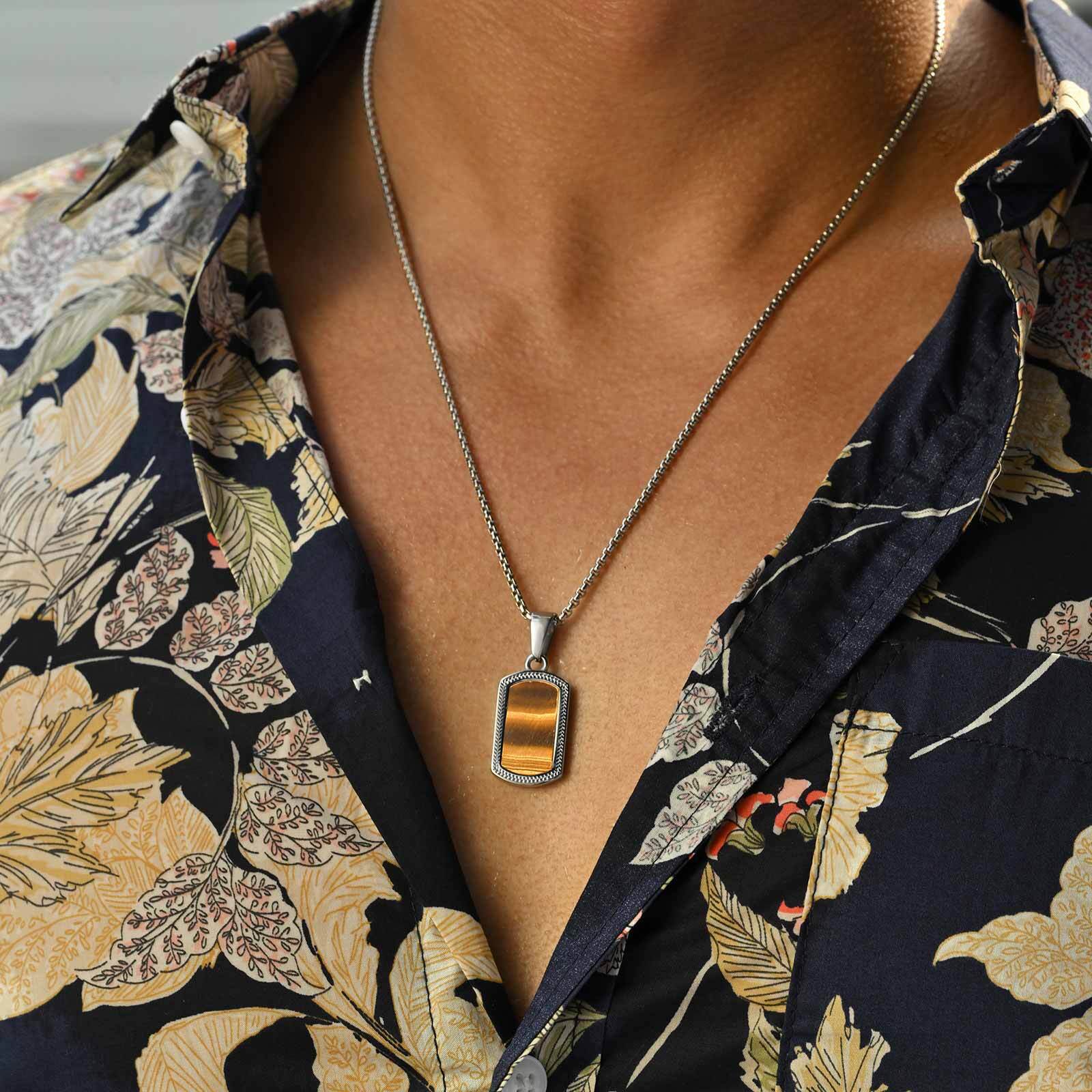 Mens Dog Tag Necklace - Vnox Edelstahl Tigerauge Stein Anhänger Halskette